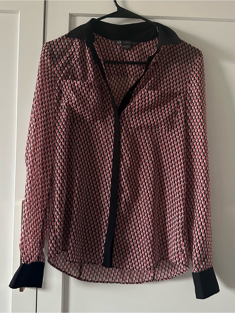 Armani Exchange Pink Geometric Button-Down Blouse with Black Trim